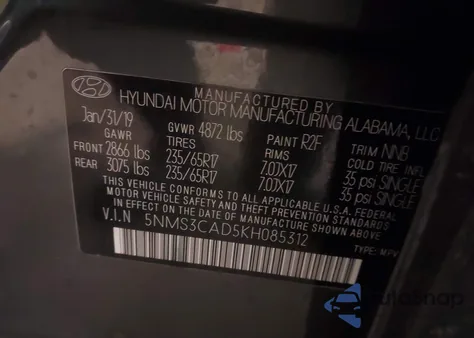 2019 Hyundai Santa Fe z USA, uszkodzony, nr VIN 5NMSCAD5KH085312